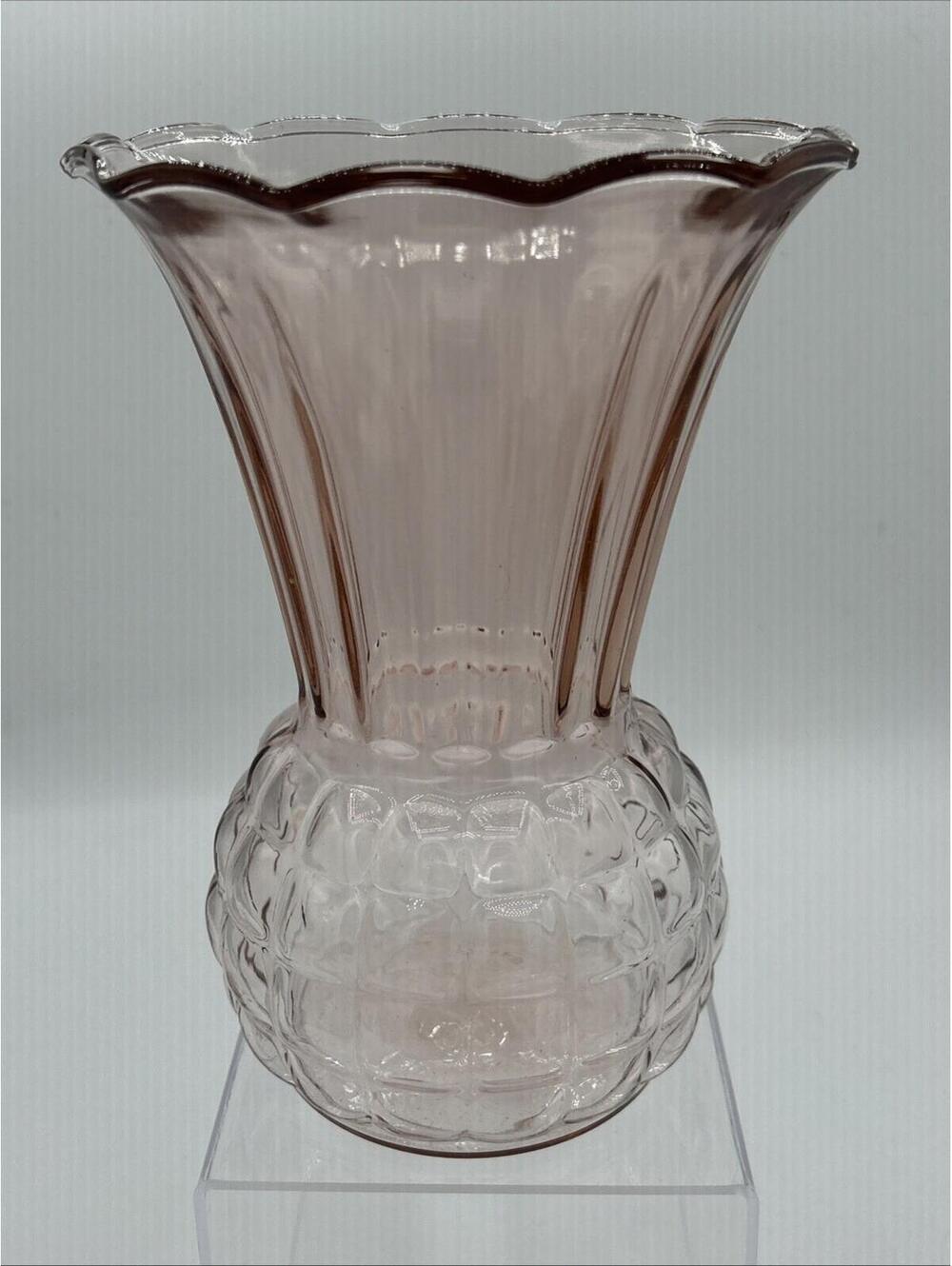 Anchor Hocking Pink Depression Glass Fluted & Quilted Decorative Vase